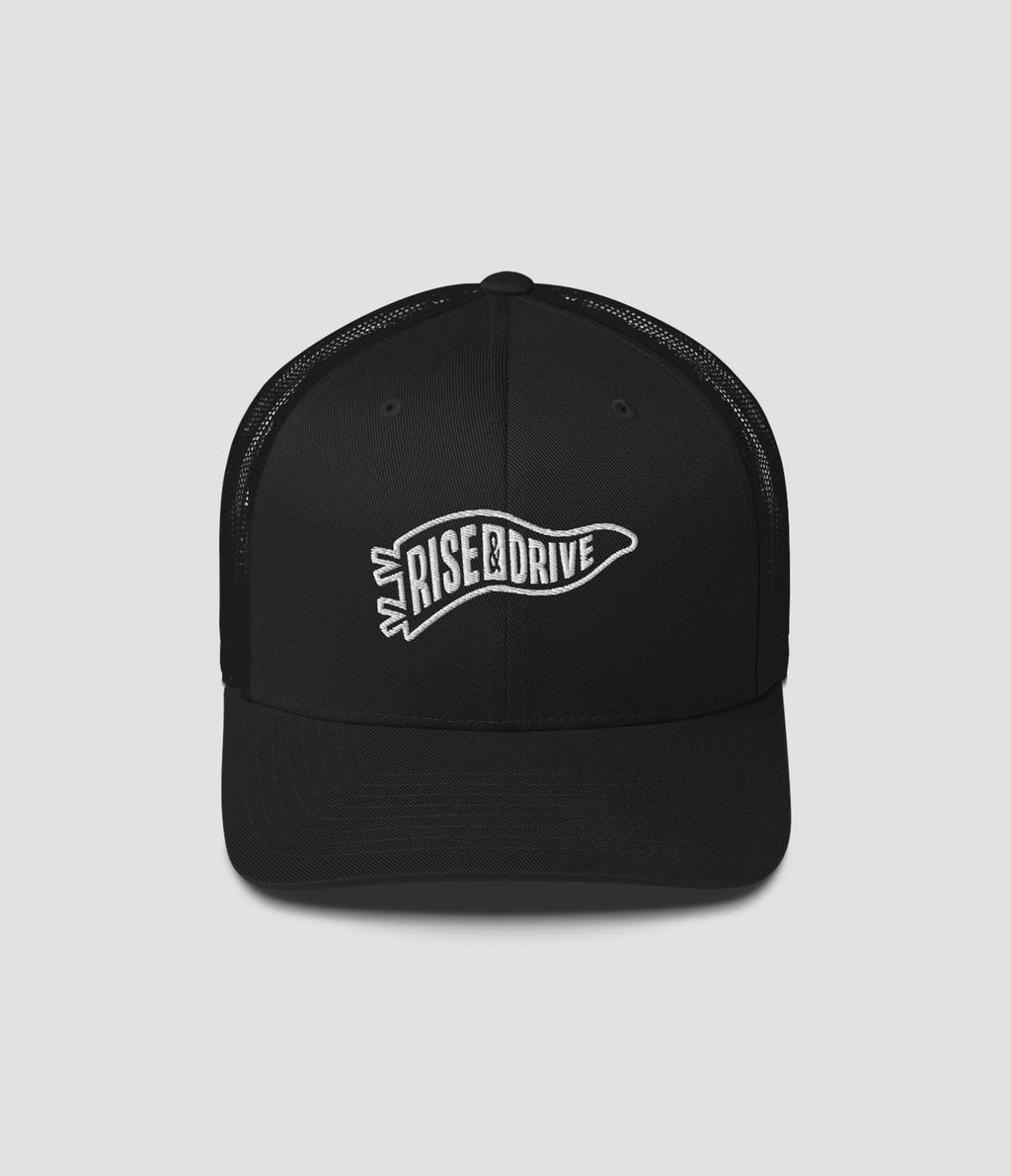 Black cap with 'RISE DRIVE' logo on a light gray background