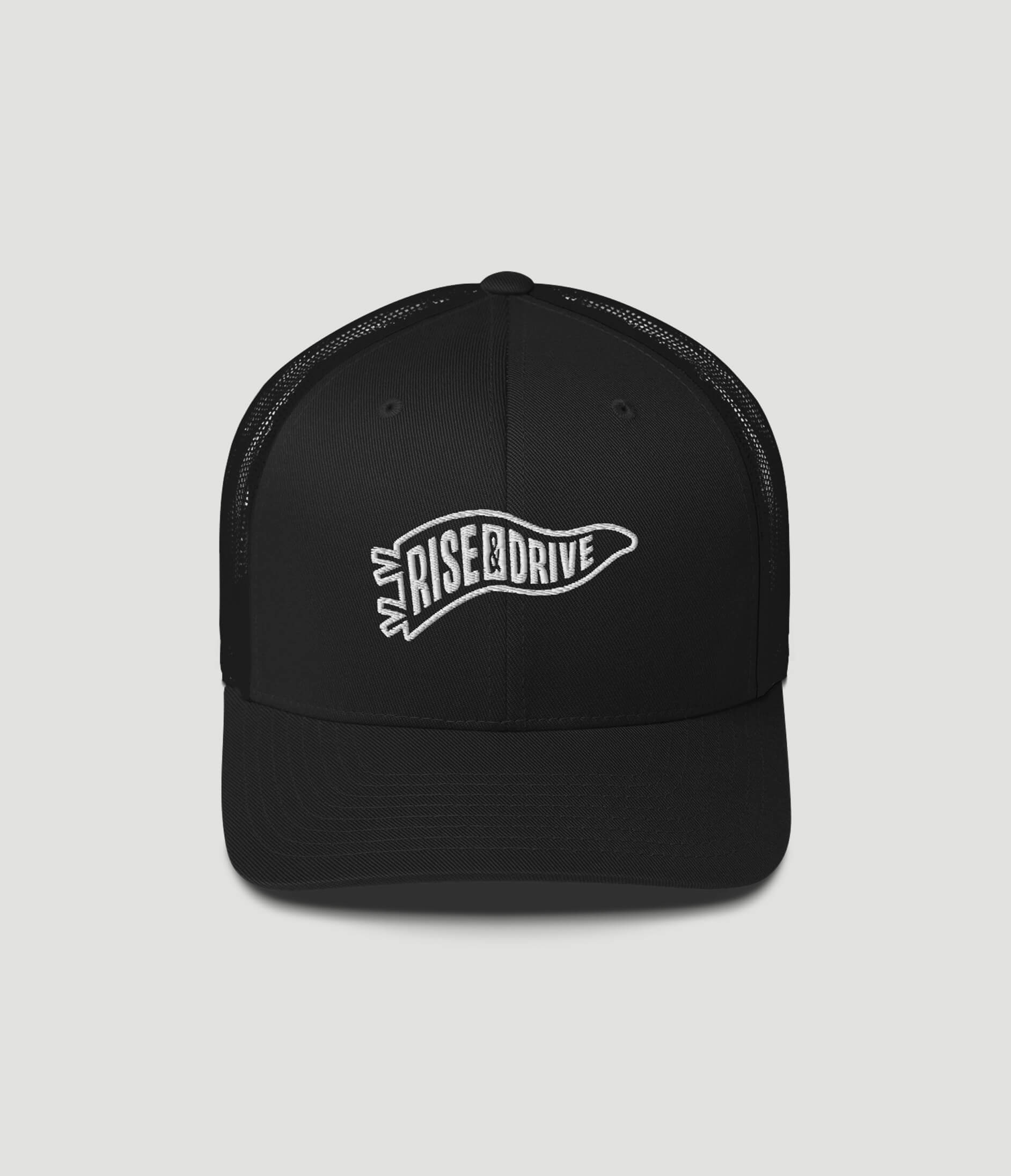 Black cap with 'RISE DRIVE' logo on a light gray background